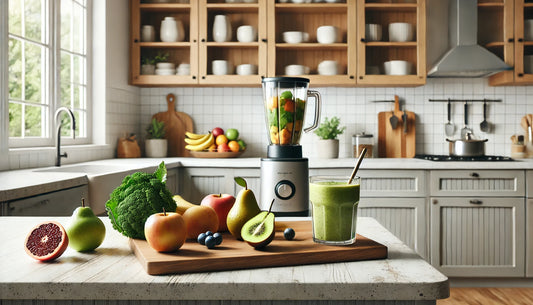 Escena en la cocina preparando un batido bajo en azúcar con ingredientes naturales como Monk Fruit.