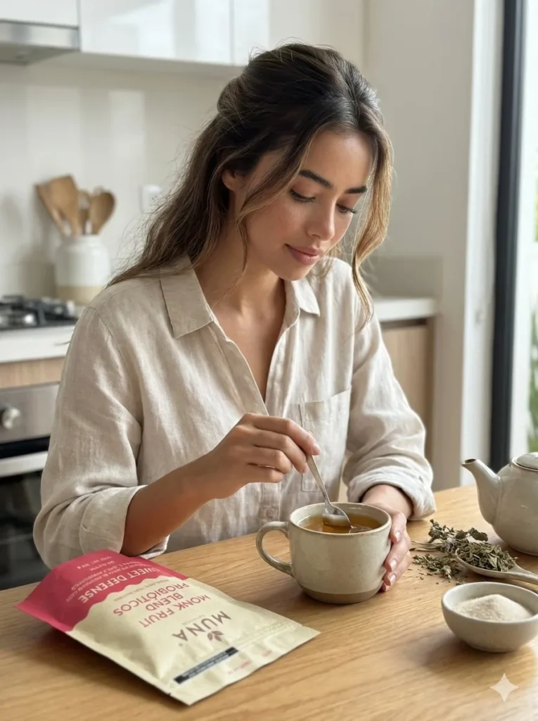 Mujer joven endulzando su te herbal con muna monk fruit blend probioticos