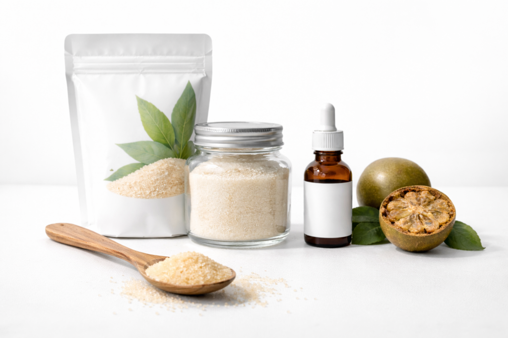 Monk fruit granulado en cuchara sobre fondo blanco minimalista estilo premium