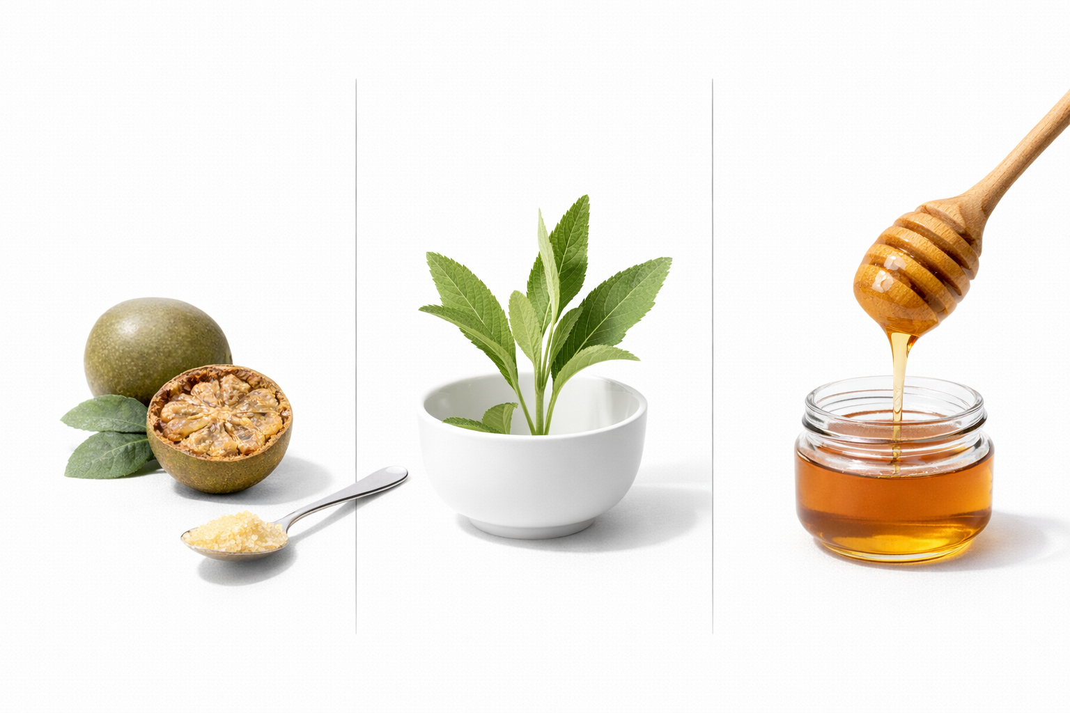 Comparación monk fruit stevia y miel