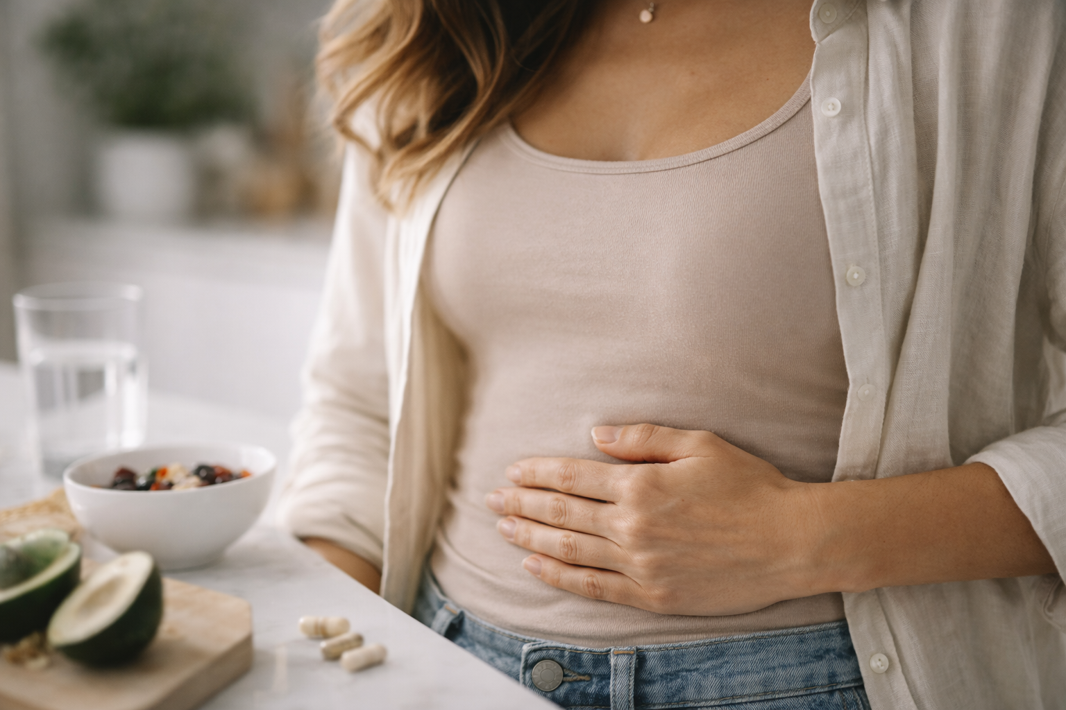 Imagen macro estilo microbiología profesional mostrando bacterias beneficiosas en entorno intestinal