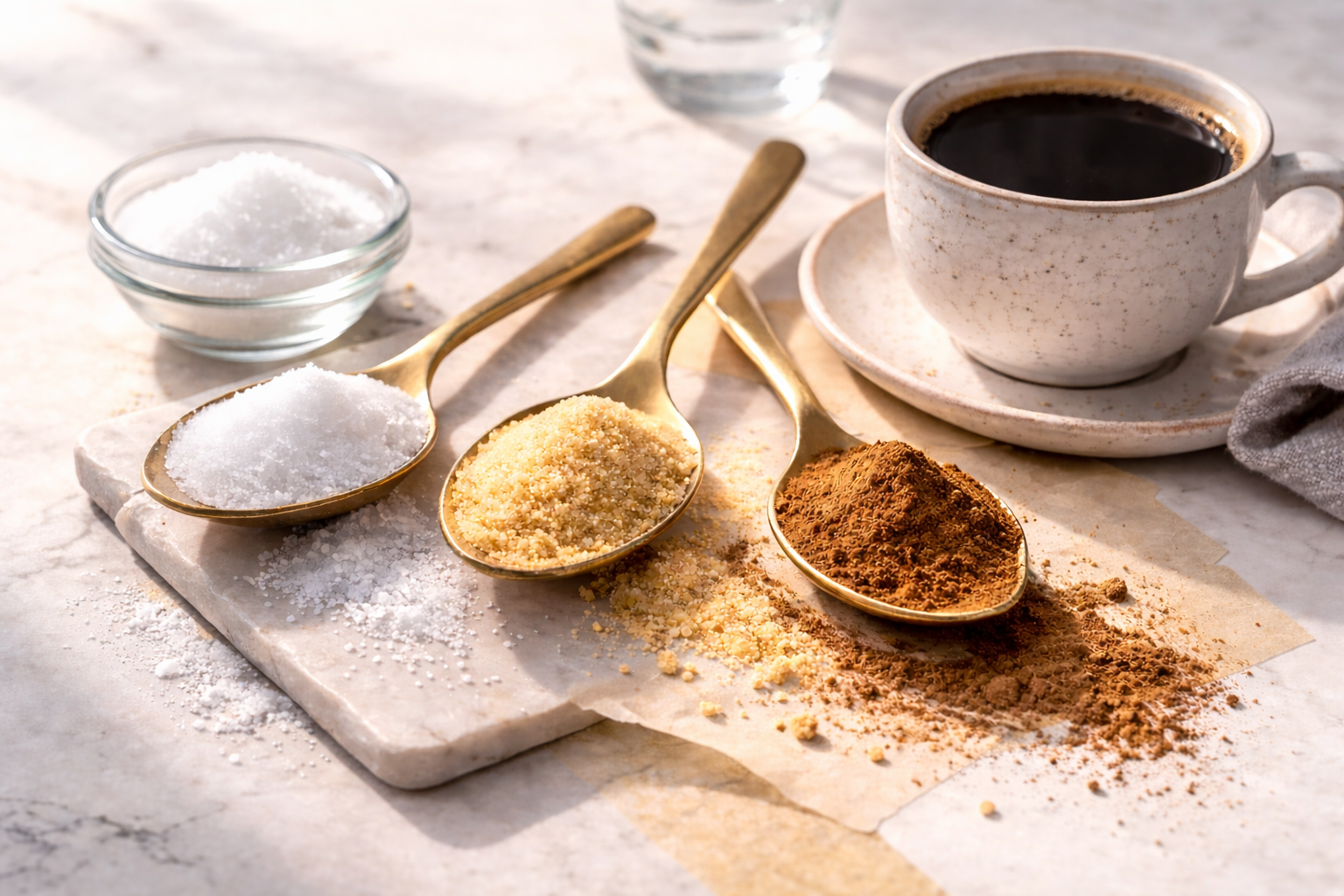 Monk fruit puro, Monk fruit granulado y eritritol cristalino en cucharas sobre fondo blanco estilo femenino premium