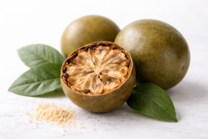 Fruta monk fruit abierta mostrando su interior sobre fondo blanco minimalista estilo premium