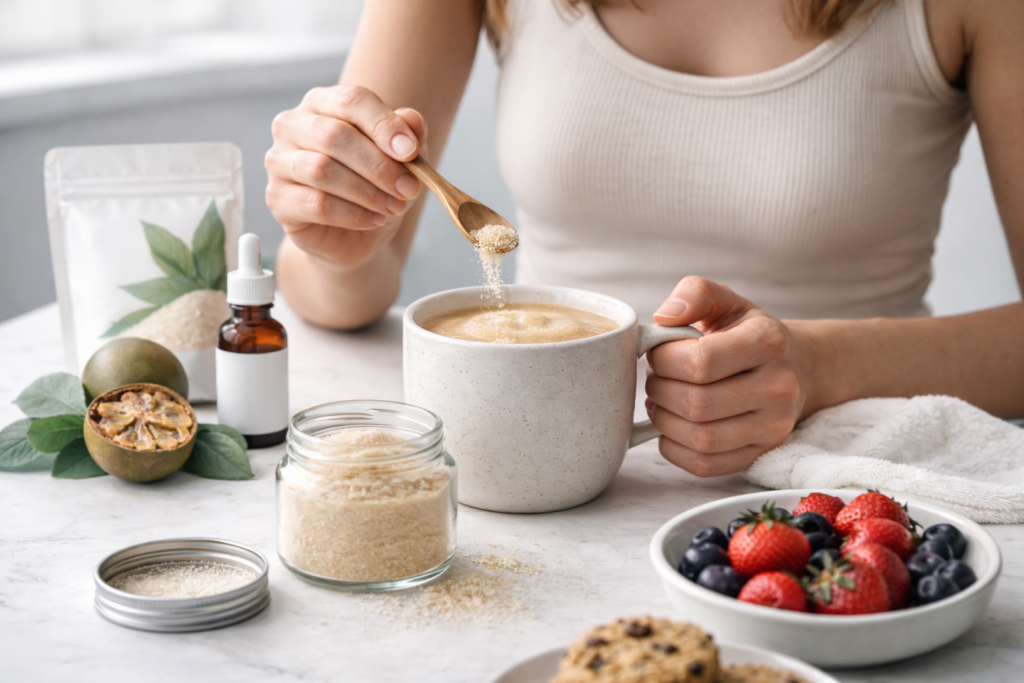 Mujer agregando endulzante natural a café sobre fondo blanco minimalista estilo femenino premium